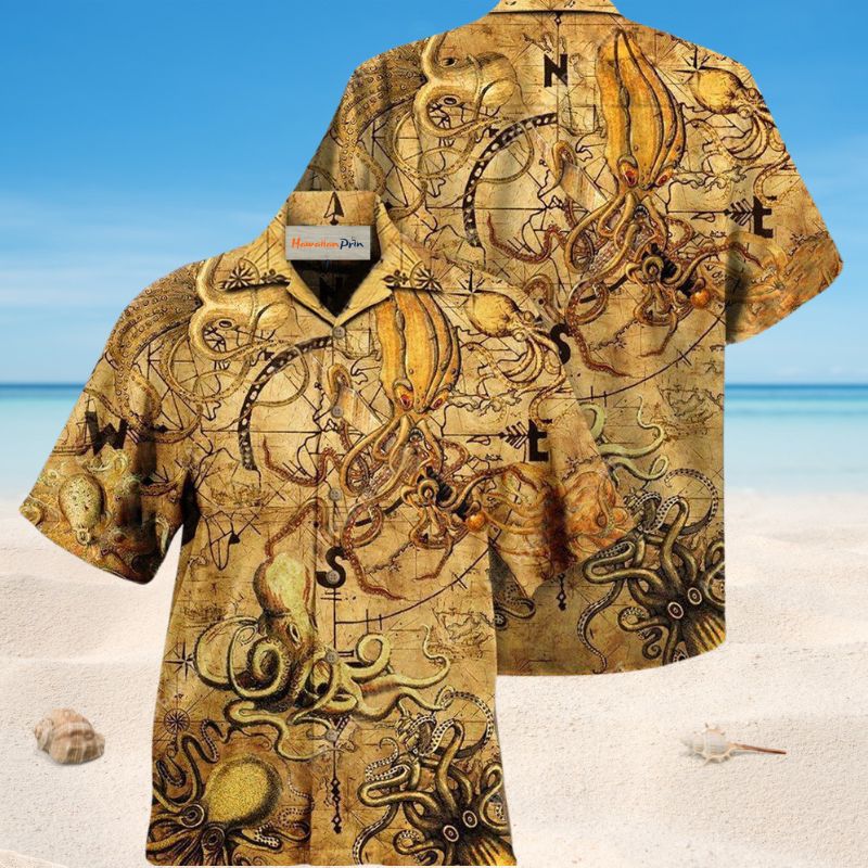 Octopus Vintage Treasure Hunting Hawaiian Shirt For Summer Vacation Beach Travel And Relaxed Casual Wear