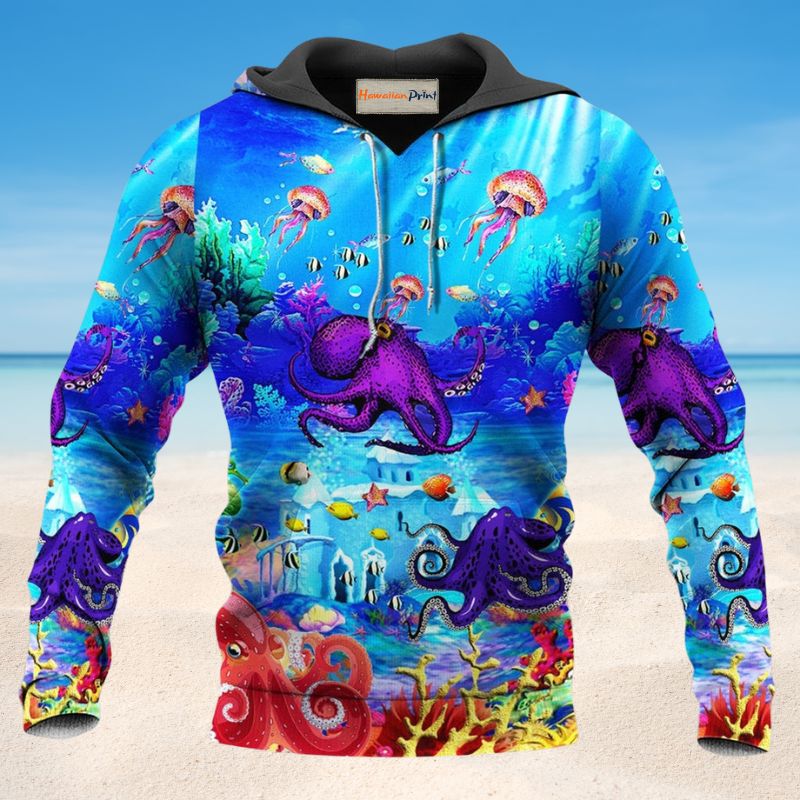 Blue Octopus Love Ocean Hoodie For Coastal Adventures Vacation Days And Comfortable Casual Wear