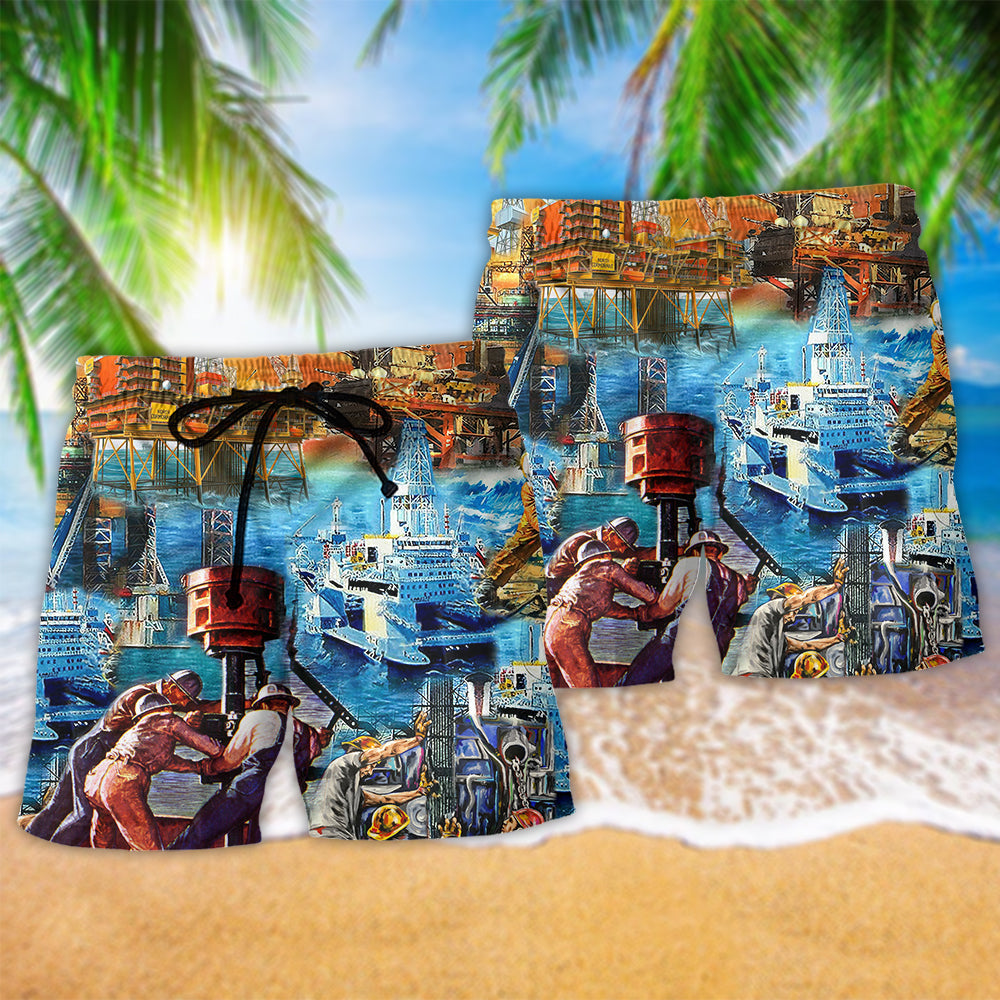 Oil Field Drill Beach Shorts Pattern Detail For Cruise Vacations And Laid Back Daily Wear