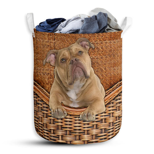 Dog Old English Bulldog Rattan Texture Laundry Basket For Bathroom Bedroom Storage