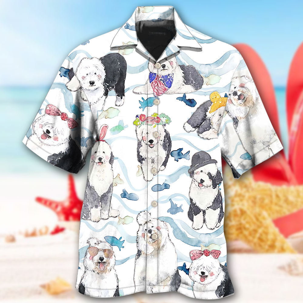 Cute Dog Old English Sheepdog Hawaiian Shirt Artwork Detail For Resort Trips And Outdoor Activities