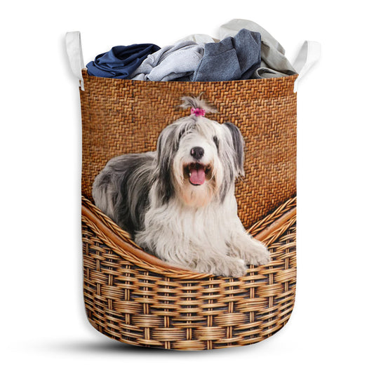 Dog Old English Sheepdog Rattan Texture Laundry Basket For Bathroom Bedroom Storage