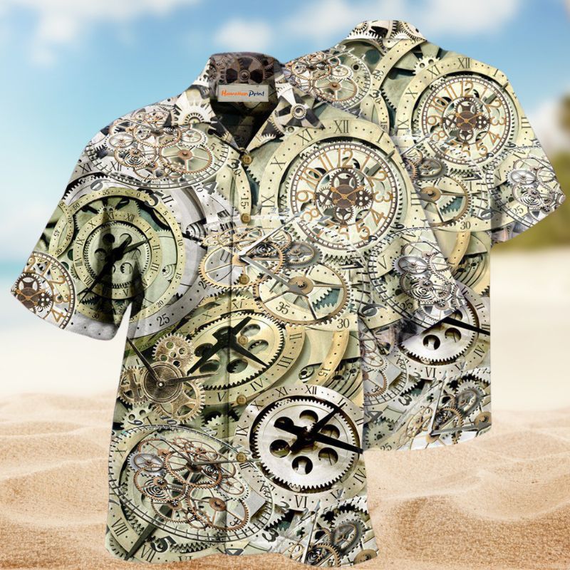 Speed Gear Clock Hawaiian Shirt For Summer Vacation, Beach Travel, And Casual Wear