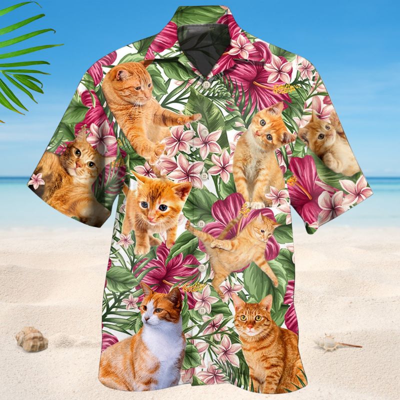 Floral Tropical Orange Cat Hawaiian Shirt For Island Vacations, Resort Wear, And Relaxed Seasonal Style
