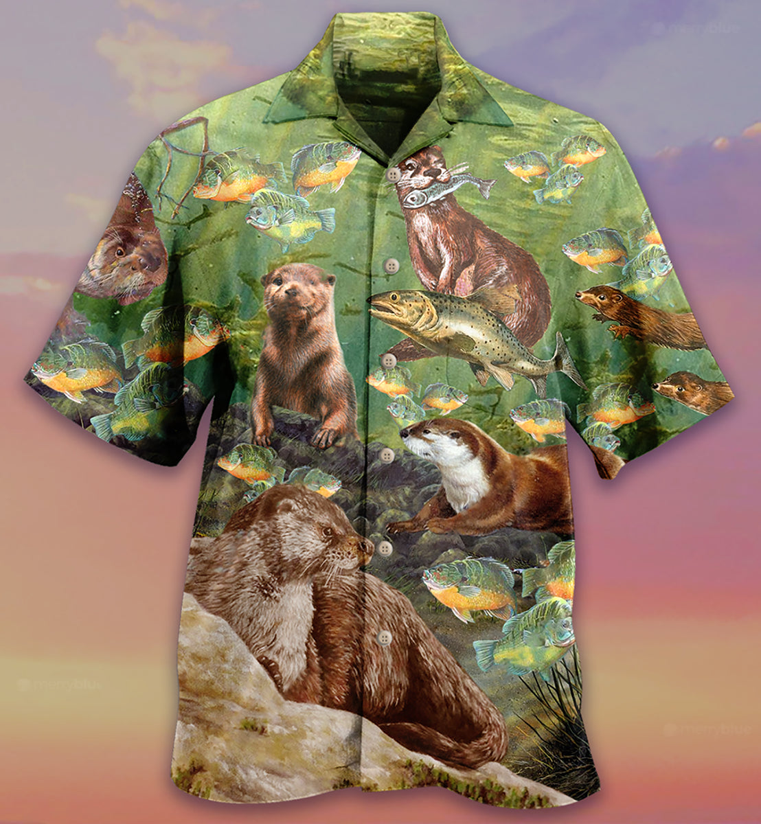 Otter Busy Fishing Day Hawaiian Shirt Pattern Detail For Vacation Travel And Daily Wear