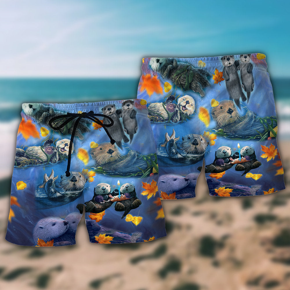 Otter Couple Maple Leaf Beach Shorts Pattern Detail For Outdoor Activities And Easy Warm Weather Wear