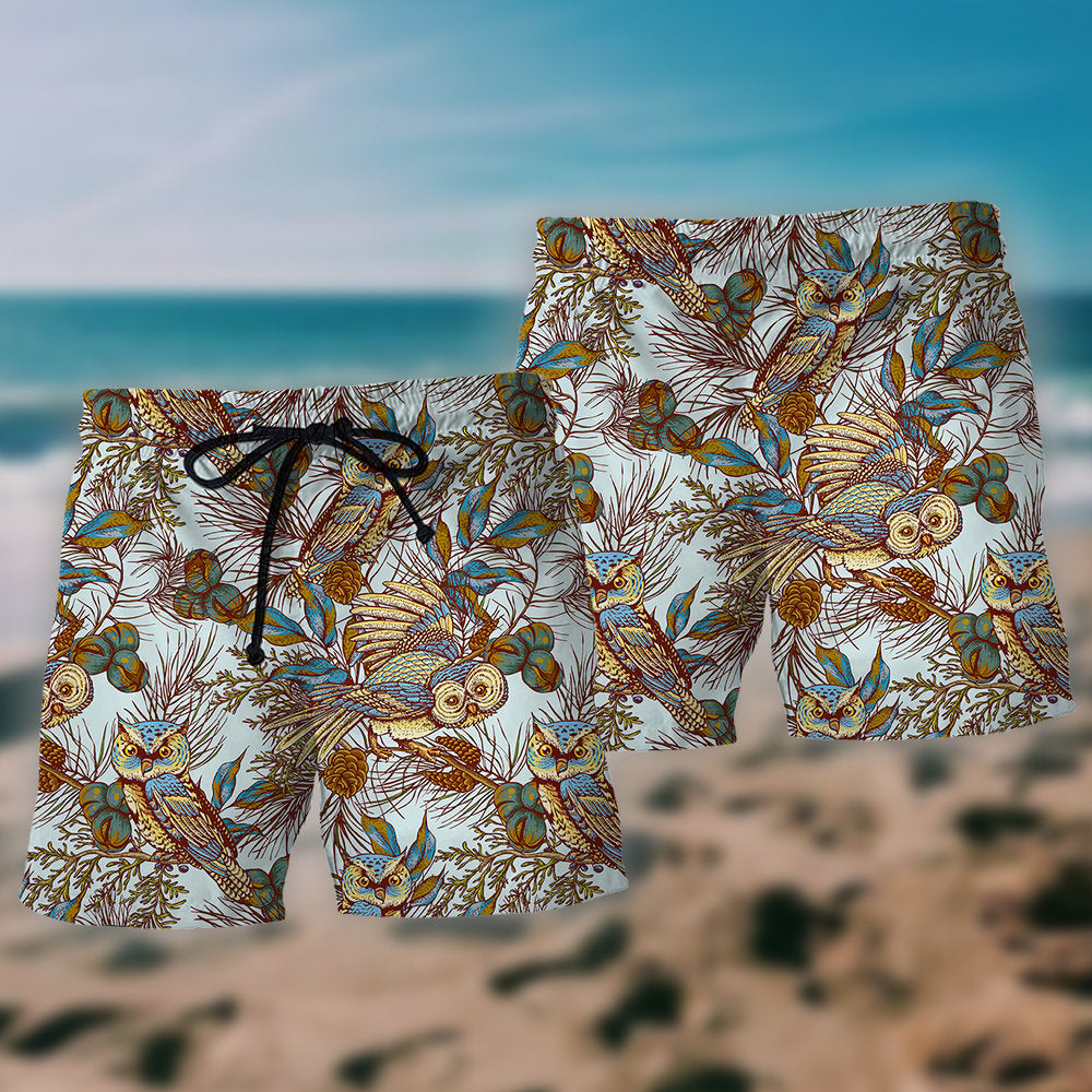 Vintage Owl Leaf Nature Beach Shorts Print View For Coastal Escapes And Casual Outings