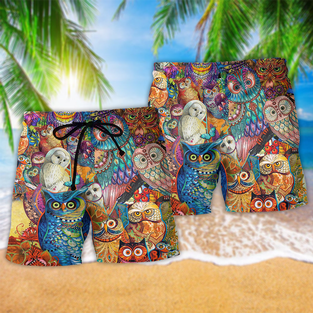 Red Owl Beach Shorts Pattern Detail For Everyday Outings And Bright Summer Outfits