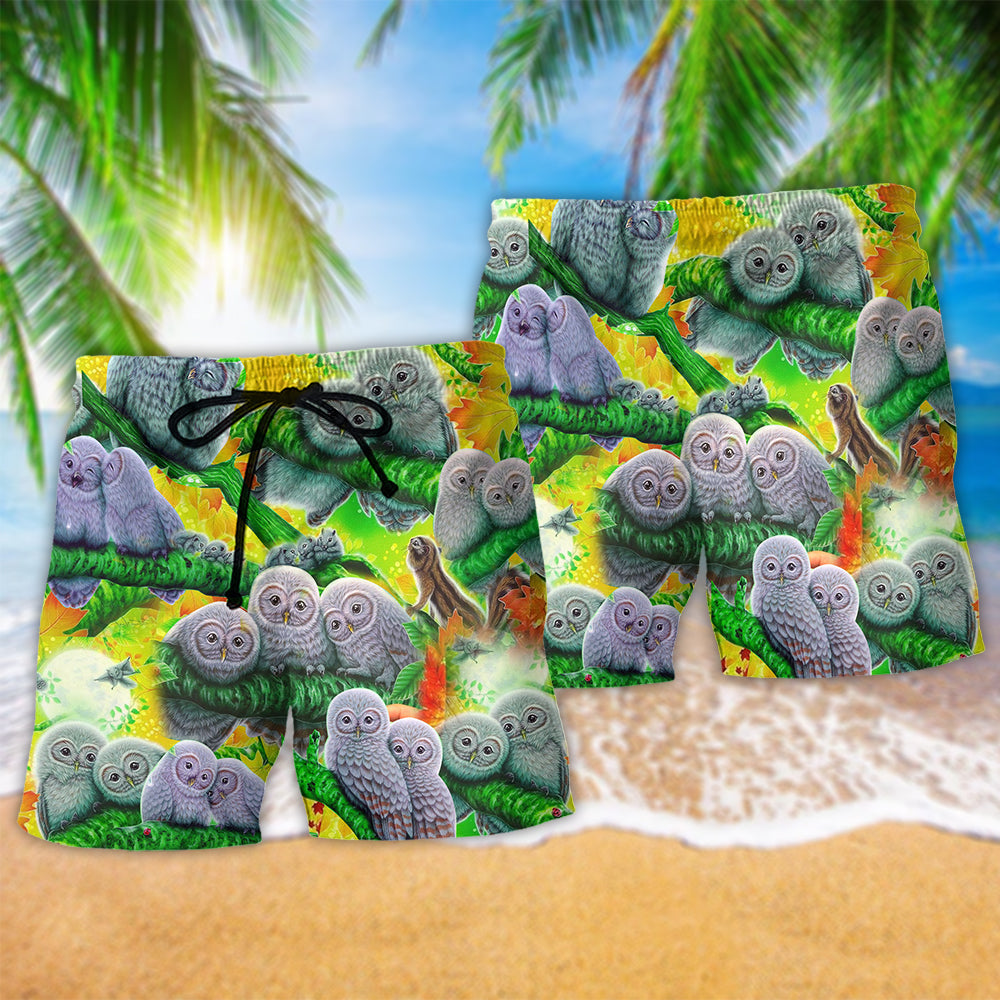 Cute Colorful Owl Family Beach Shorts Pattern Detail For Seaside Leisure And Leisure And Relaxation
