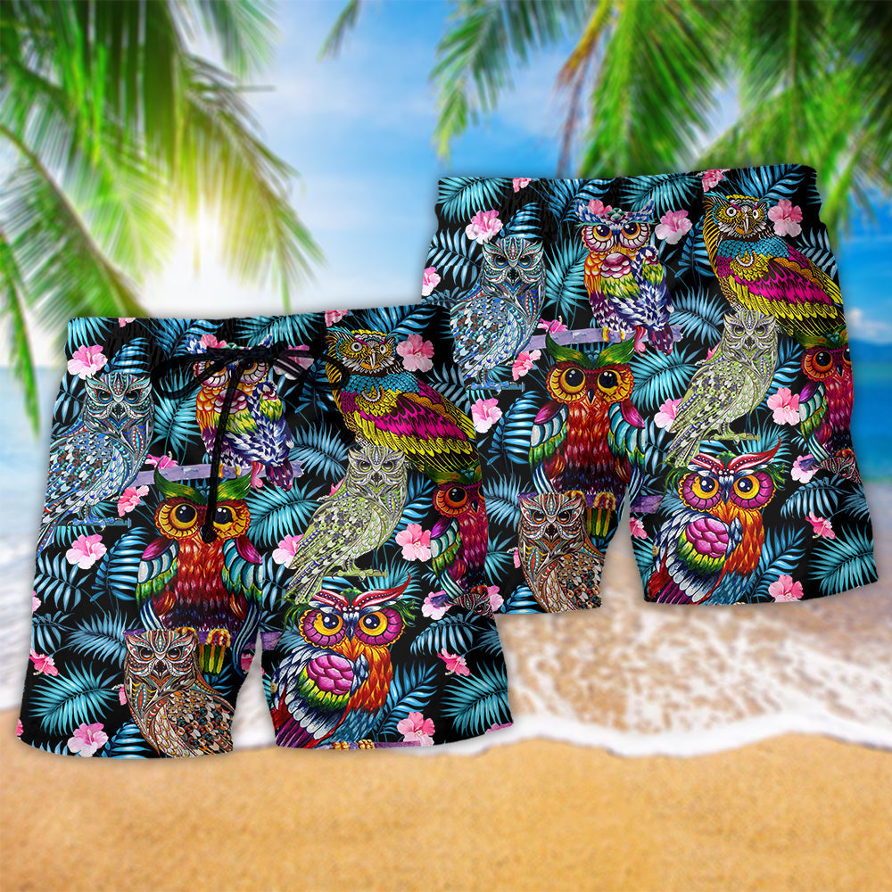 Owl Flowers Colorful Beach Shorts Artwork Detail For Casual Warm Weather Outfits