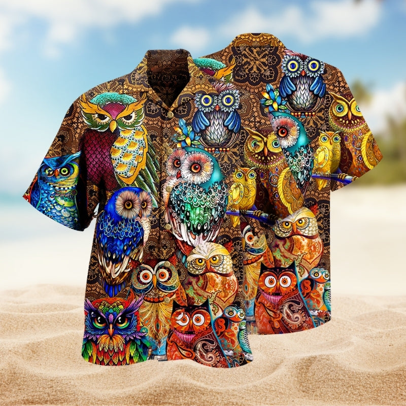 Colorful Owls Full Hawaiian Shirt For Summer Vacation, Beach Travel, And Casual Wear
