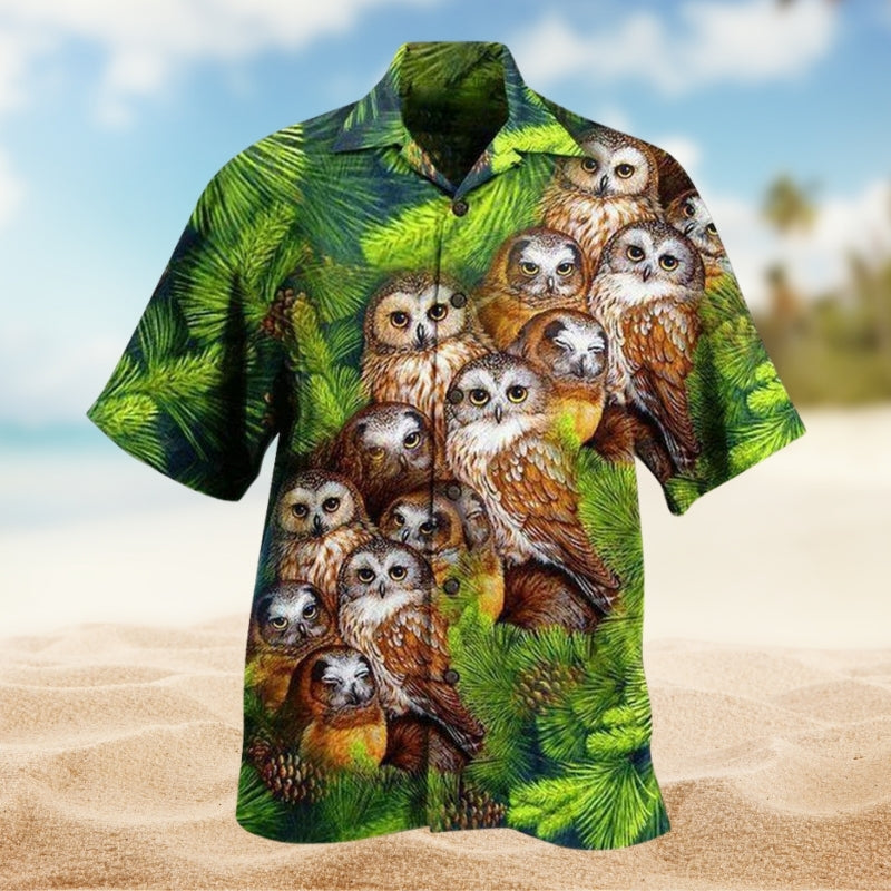 Owl Pattern Hawaiian Shirt For Coastal Adventure, Beach Party, And Resort Wear