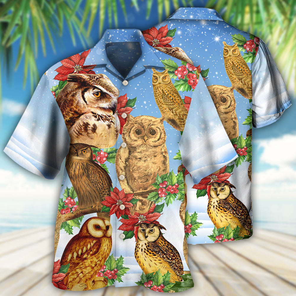 Retro Happy Owl Christmas Hawaiian Shirt Artwork View For Weekend Travel And Beach Style