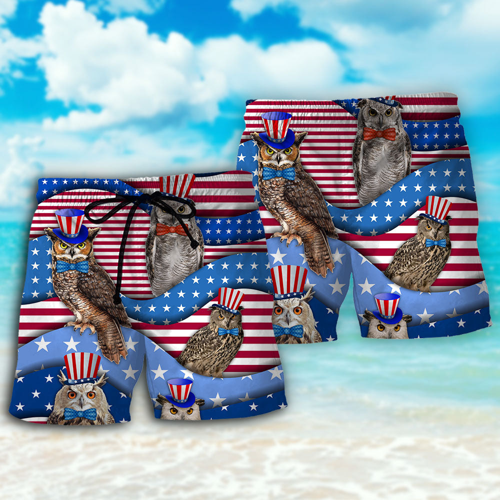 Owl With Flag Independence Day Beach Shorts Print View For Coastal Escapes And Casual Outings