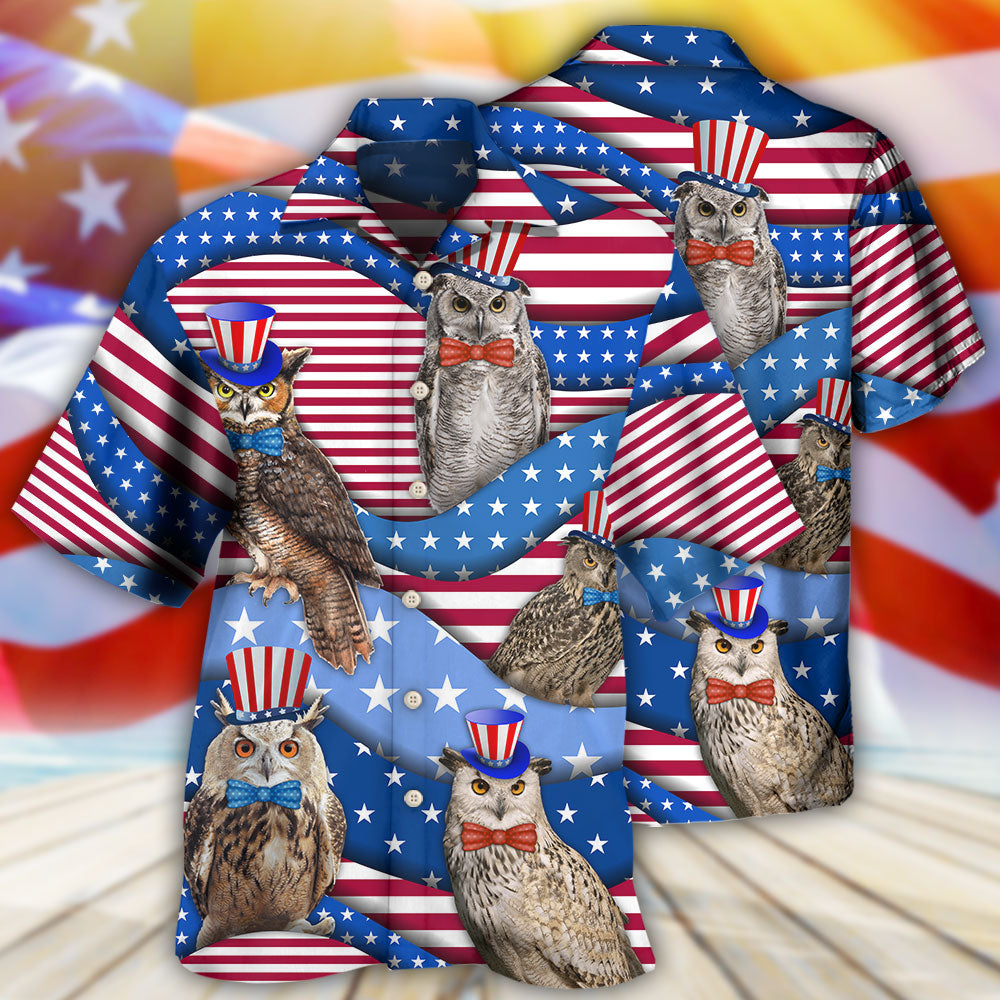 Owl USA Flag Independence Day Hawaiian Shirt Design View For Casual Summer Styling