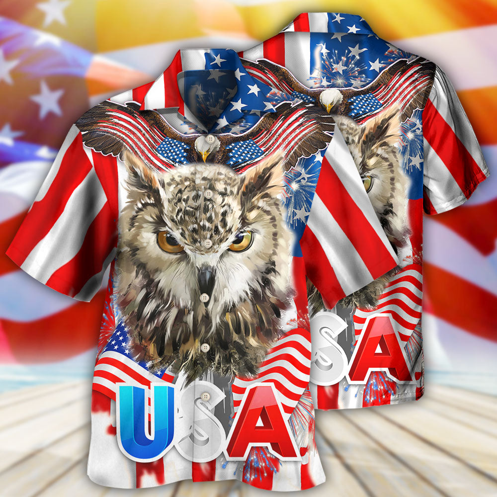 Owl American Independence Day Hawaiian Shirt Artwork Detail For Tropical Trips And Casual Outings