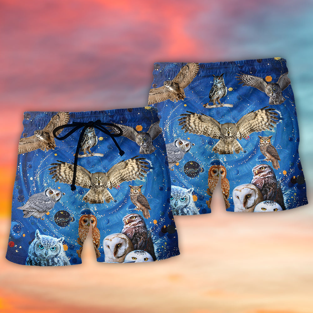 Owls Playing Together Cute Beach Shorts For Summer Vacation And Coastal Travel