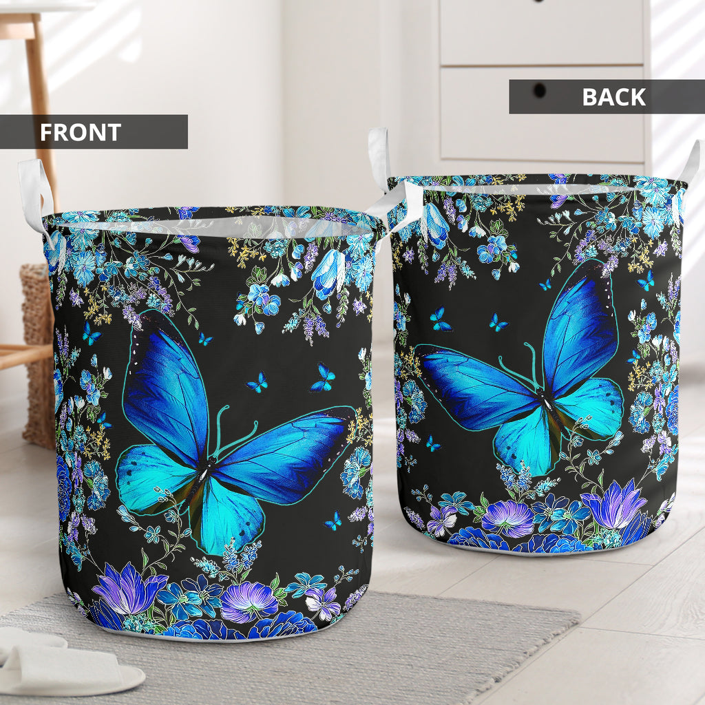 Blue Butterfly Flower Laundry Basket For Bathroom Bedroom Storage