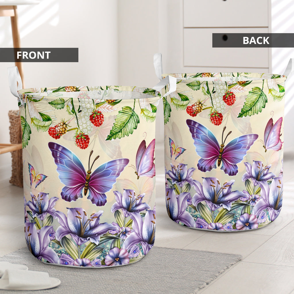 Beautiful Flower Purple Butterfly Laundry Basket For Bathroom Bedroom Storage