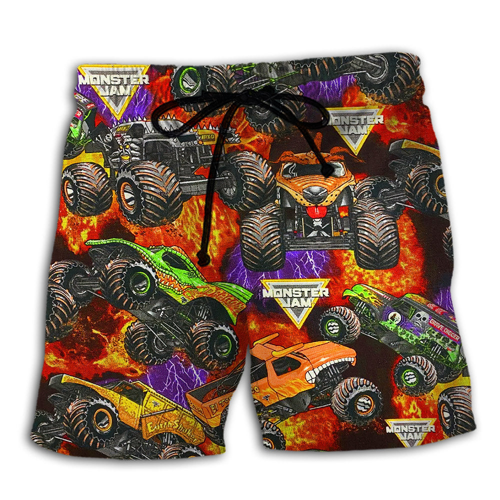 Monster Trucks Power Packed Beach Shorts Artwork Detail For Tropical Travel And Everyday Wear