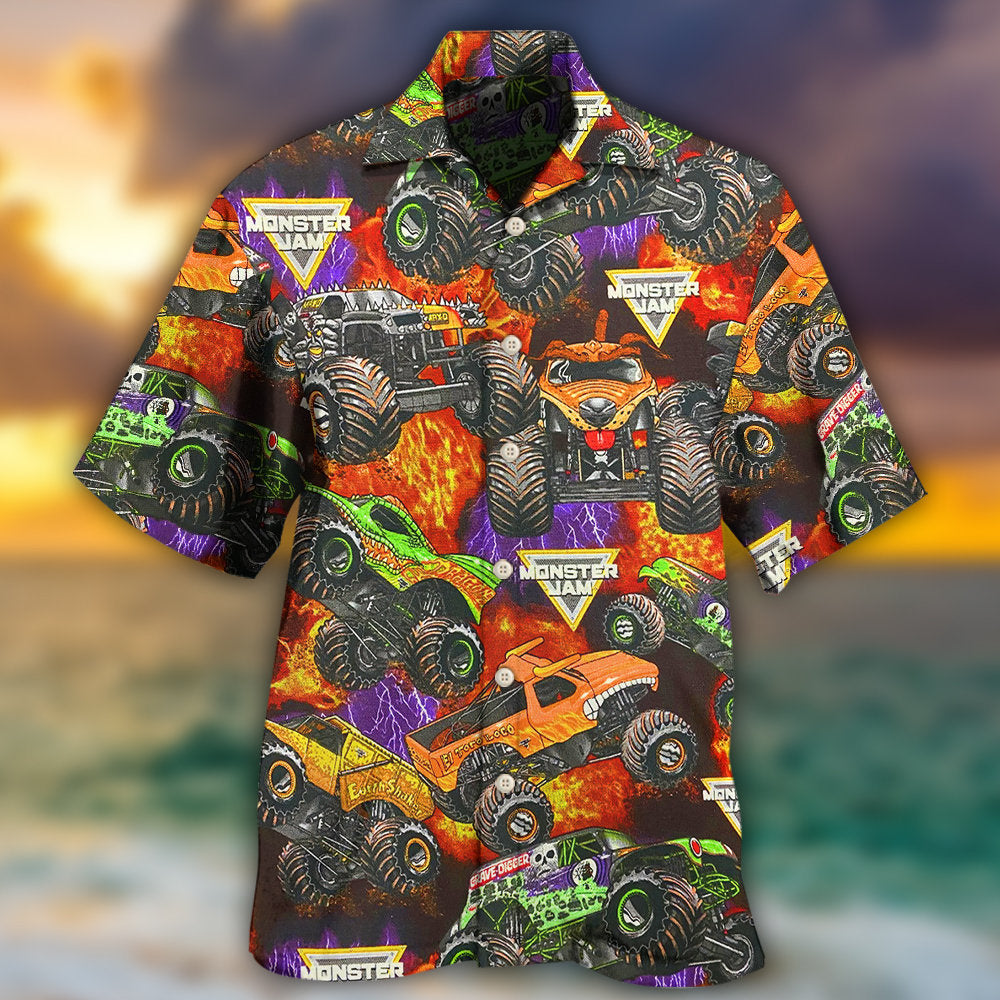 Monster Trucks Action Packed Hawaiian Shirt For Tropical Holidays, Outdoor Gatherings, And Everyday Comfort
