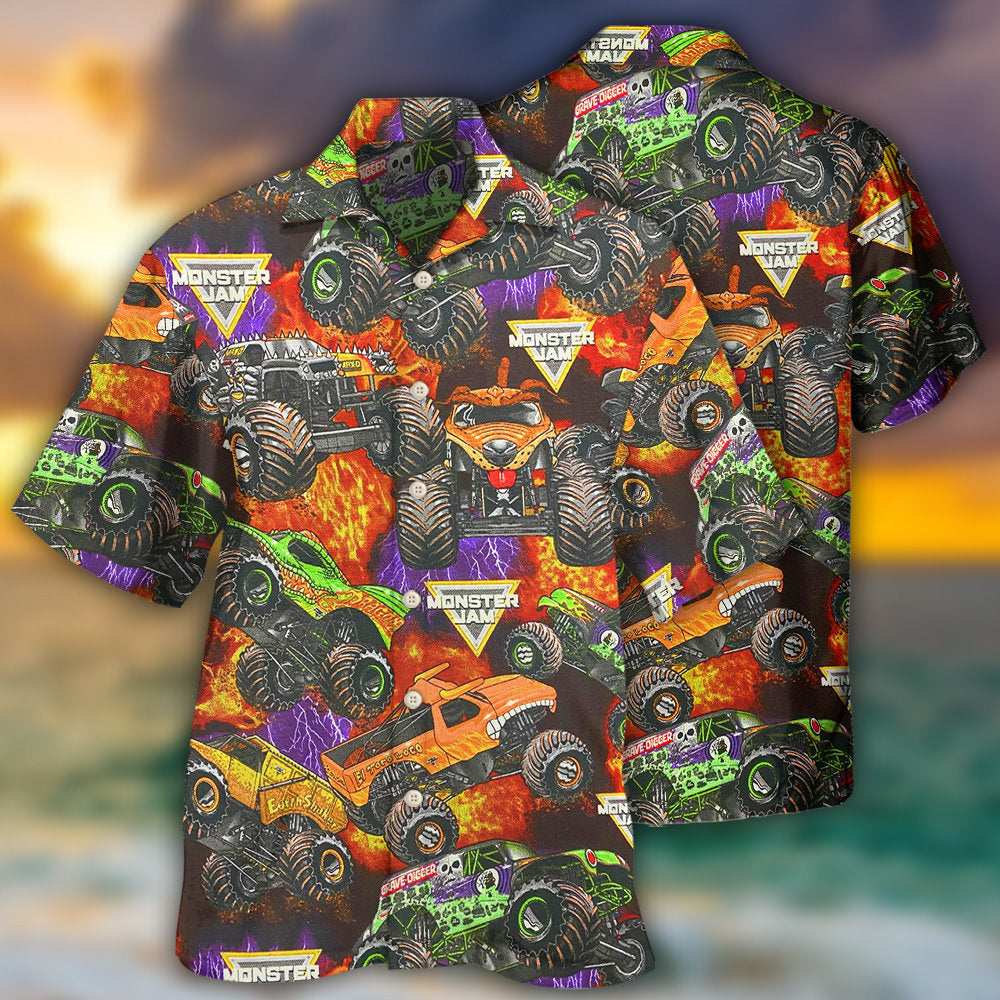 Truck Monster Packed Trucks Hawaiian Shirt Pattern View For Lightweight Everyday Style