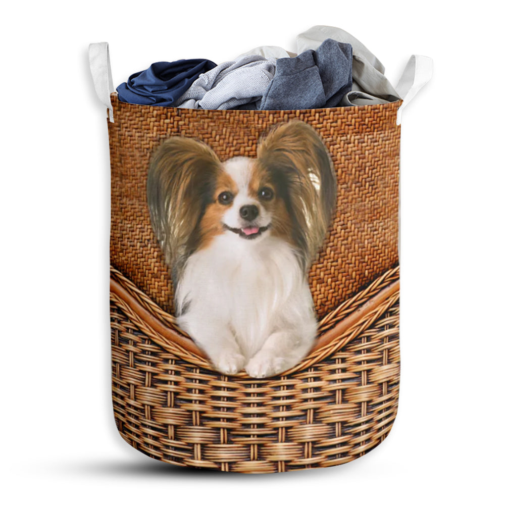 Dog Papillon Dog Rattan Texture Laundry Basket For Bathroom Bedroom Storage