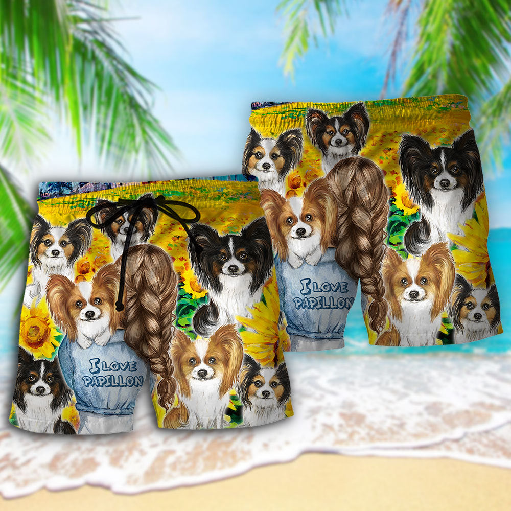 Papillon Dog Sunflower Beach Shorts Pattern View For Weekend Trips And Outdoor Activities