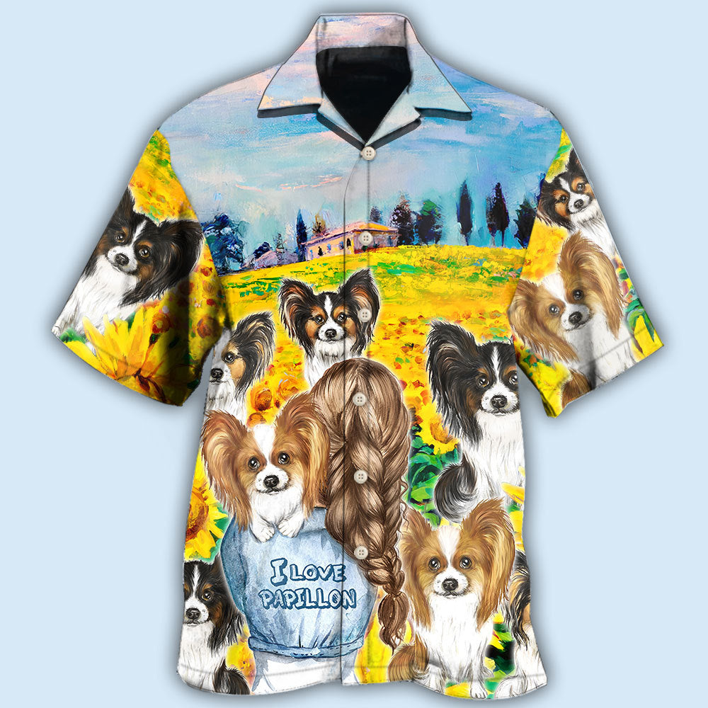 Papillon Dog Sunflower Hawaiian Shirt For Island Vacations, Weekend Events, And Relaxed Everyday Outfits