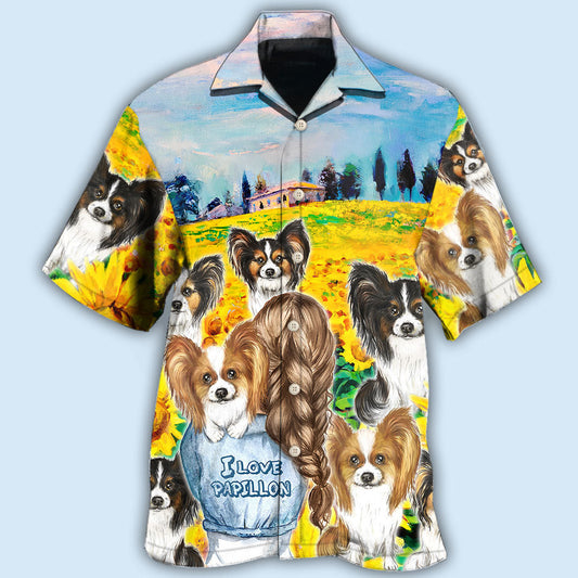 Papillon Dog Sunflower Hawaiian Shirt For Island Vacations, Weekend Events, And Relaxed Everyday Outfits