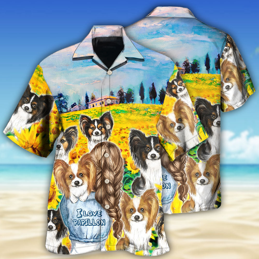 Papillon Dog Sunflower Hawaiian Shirt For Island Vacations, Weekend Events, And Relaxed Everyday Outfits
