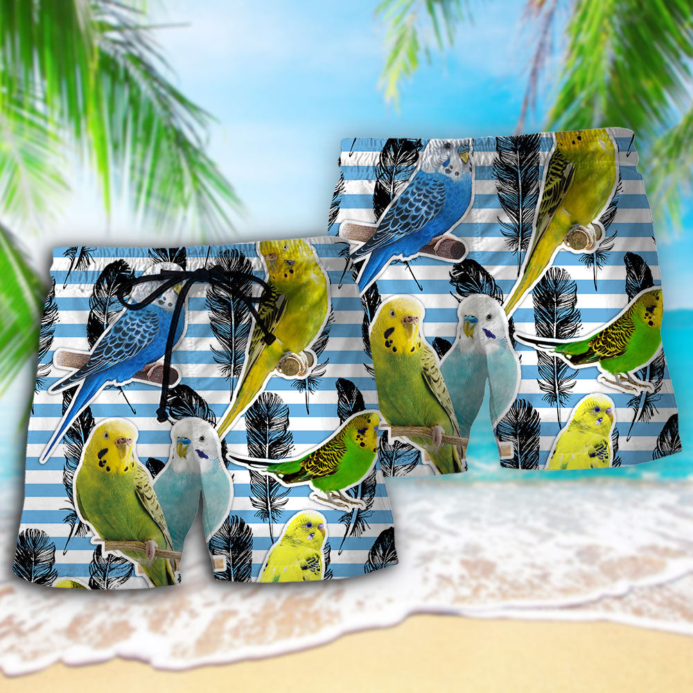 Blue And White Parakeet Stripe Beach Shorts Artwork View For Seaside Trips And Casual Style