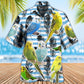 Blue White Parrot Parakeet Stripe Hawaiian Shirt Design Detail For Beach Days And Holiday Travel