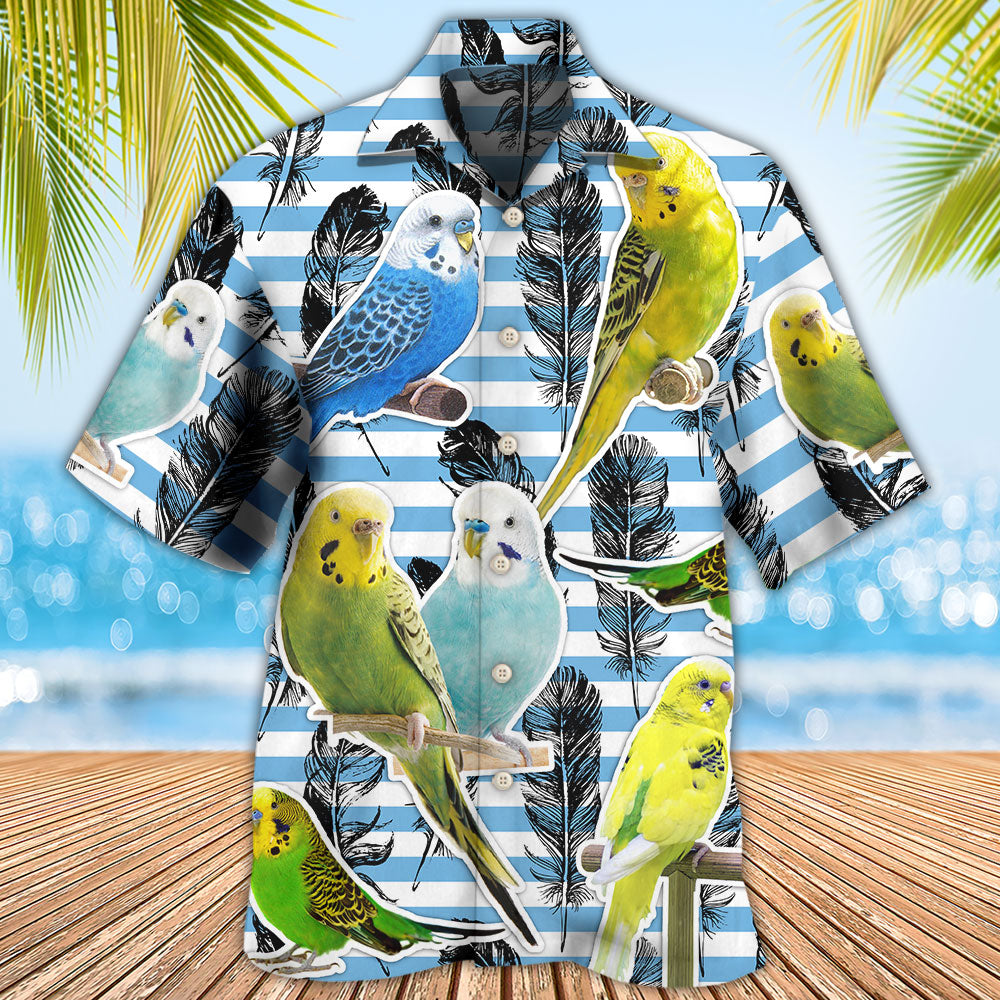 Blue White Parrot Parakeet Stripe Hawaiian Shirt Design Detail For Beach Days And Holiday Travel