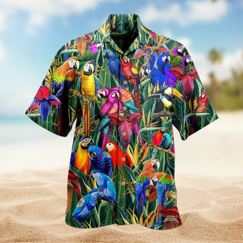 Tropical Parrot Hawaiian Shirt For Animal Lovers, Beach Travel, And Casual Summer Style