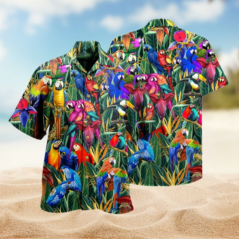 Tropical Parrot Hawaiian Shirt For Animal Lovers, Beach Travel, And Casual Summer Style