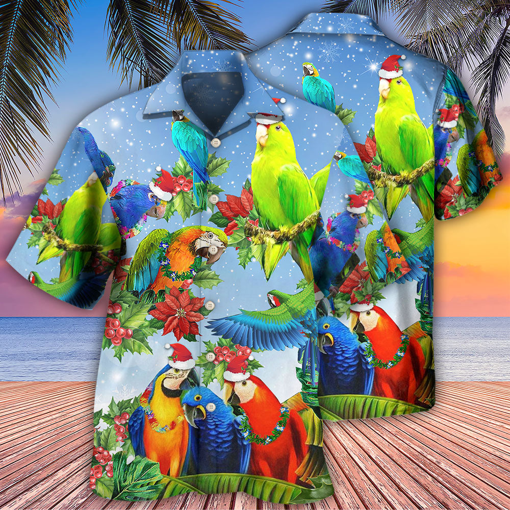 Festive Parrot Couple Christmas Hawaiian Shirt For Summer Vacation And Beach Travel