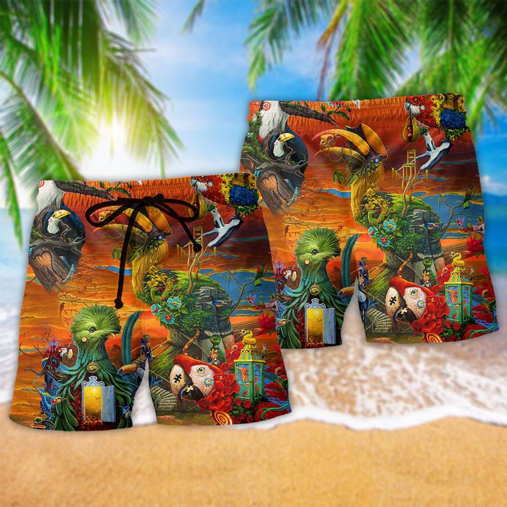 Parrot Flock Beach Shorts Pattern Detail For Coastal Leisure And Thoughtful Gift Giving