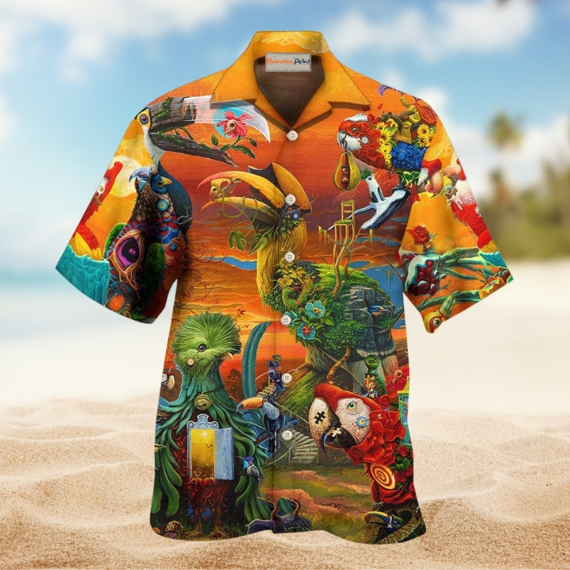 Parrot In A Flock Of Pigeons Hawaiian Shirt For Summer Vacation Beach Travel And Relaxed Casual Wear