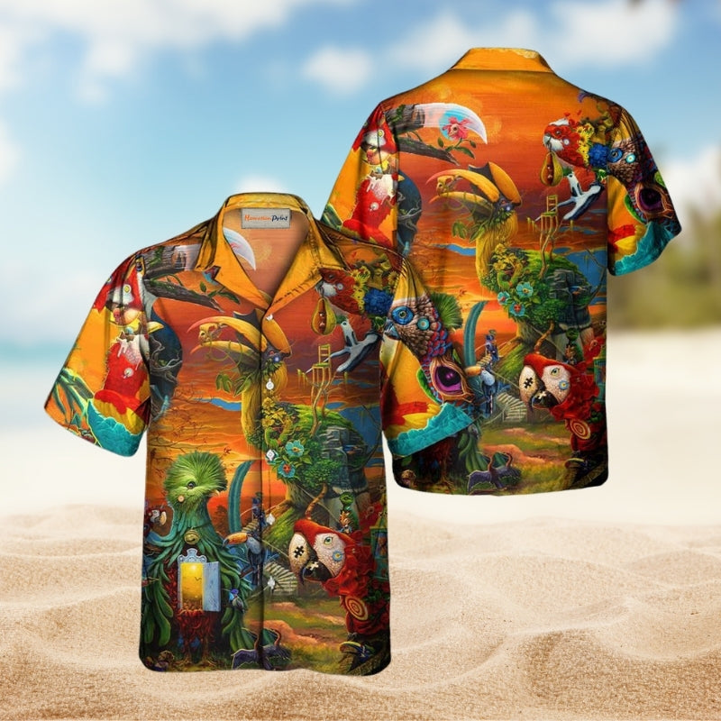 Parrot In A Flock Of Pigeons Hawaiian Shirt For Summer Vacation Beach Travel And Relaxed Casual Wear