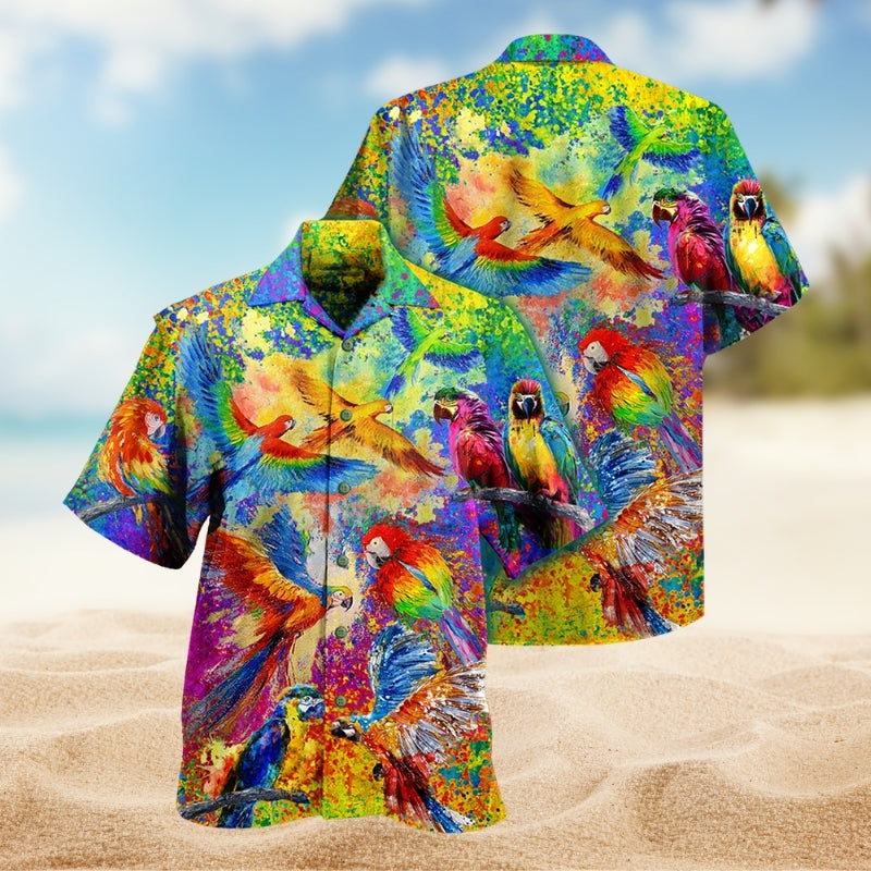 Colorful Parrot Hawaiian Shirt For Summer Vacation, Beach Travel, And Casual Wear