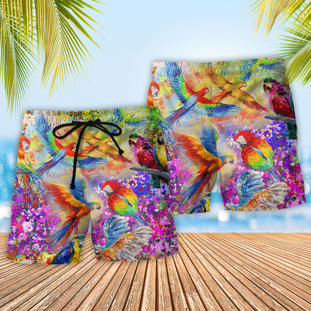 Parrot Colorful Tropical Beach Shorts Pattern Detail For Holiday Travel And Vacation Ready Style