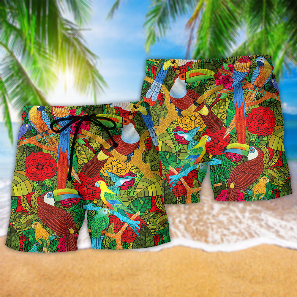 Colorful Parrot Sky Beach Shorts Pattern Detail For Poolside Fun And Easygoing Coastal Style