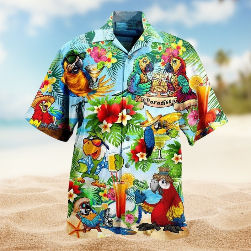 Tropical Parrot Hawaiian Shirt For Tropical Holiday, Family Vacation, And Relaxed Summer Style