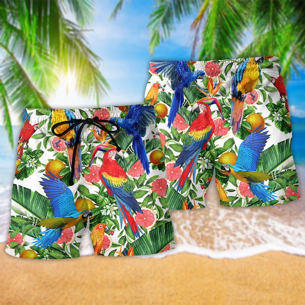 Parrot Red Grapefruit Inspired Colorful Beach Shorts Pattern Detail For Resort Wear And Everyday Comfort