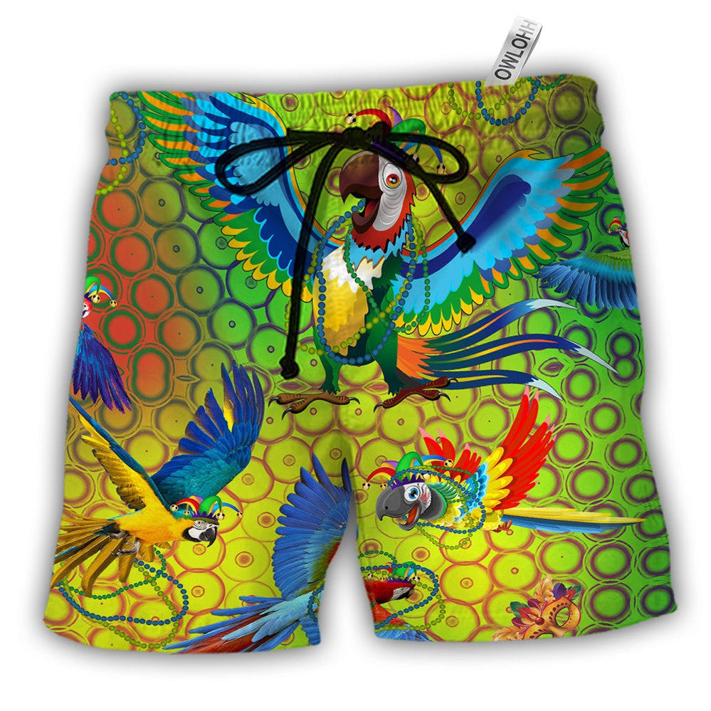 Parrot Mardi Gras Color Hawaiian Print Beach Shorts For Animal Lover Vacation Wear