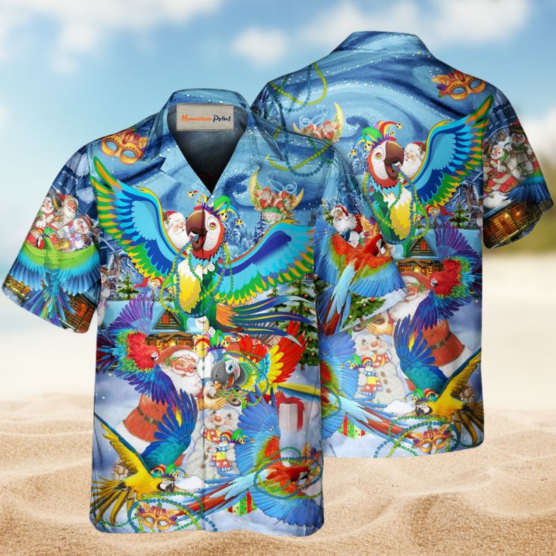 Parrot Mardi Gras Christmas Hawaiian Shirt For Island Vacations, Resort Wear, And Relaxed Seasonal Style