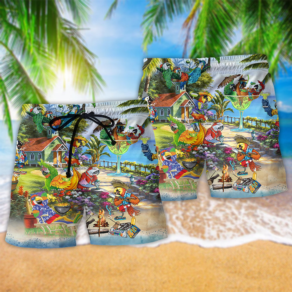 Parrot Party Tropical Summer Beach Shorts Pattern Detail For Coastal Travel And Vacation Ready Style