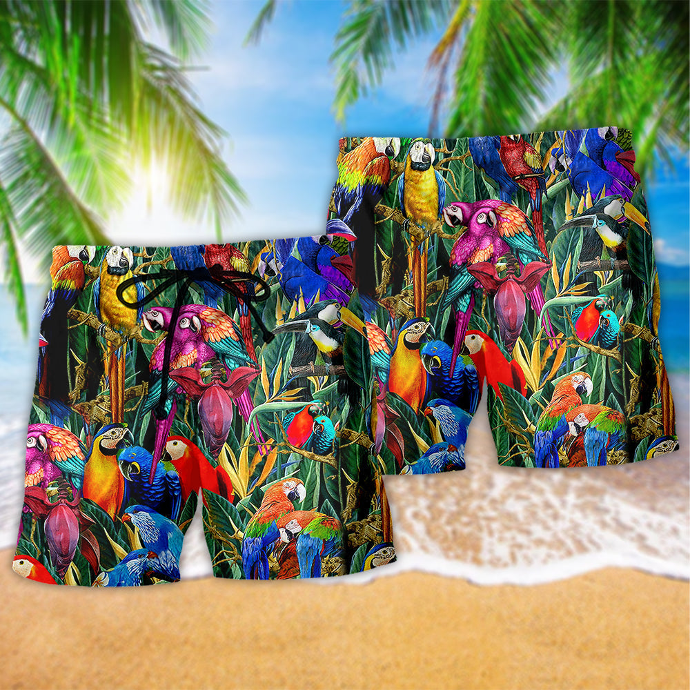 Tropical Parrot Beach Shorts Pattern Detail For Casual Outings And Easy Warm Weather Wear