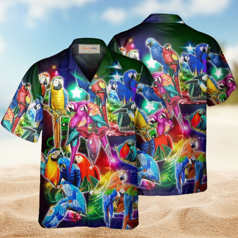 Tropical Parrot Christmas Hawaiian Shirt For Summer Vacation, Beach Travel, And Casual Wear